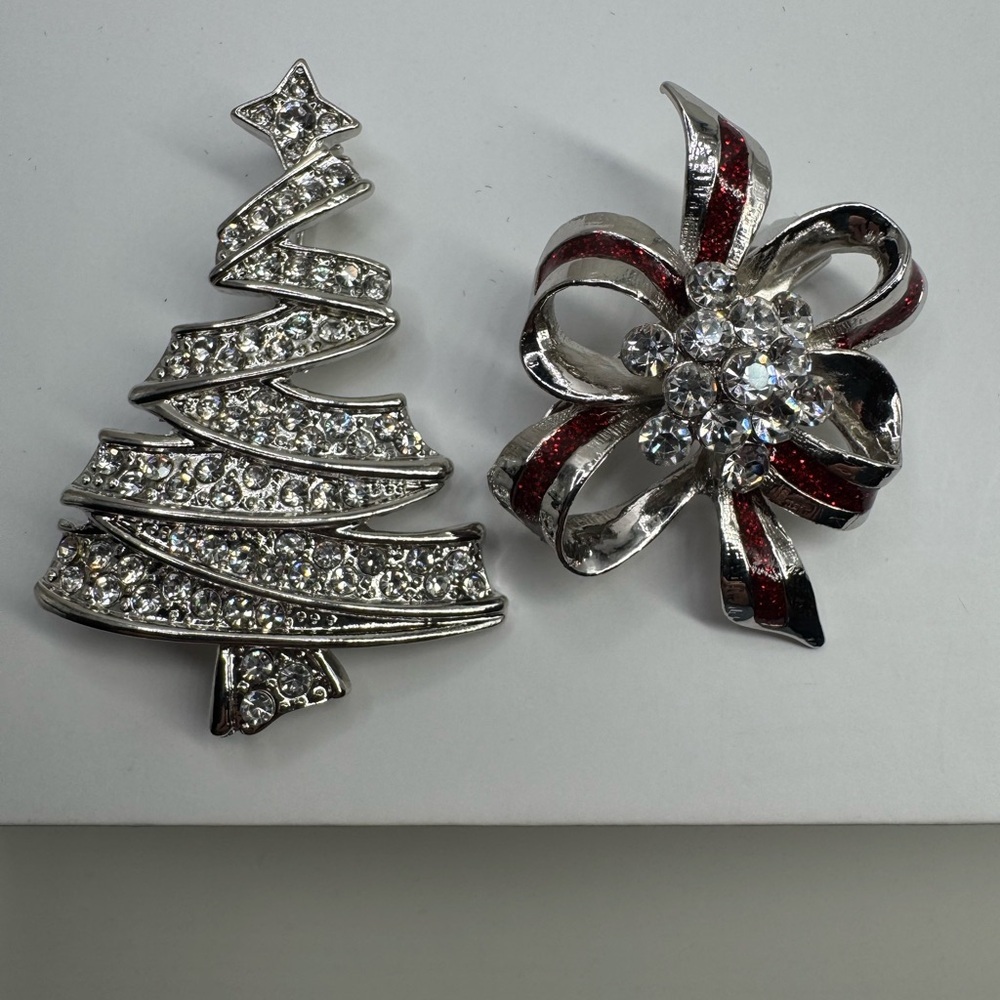 Silver and Red festive Holiday Brooch Set